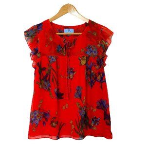 CeCe Flutter Sleeve Tie Neck Blouse Womens size Small Red Floral Lined